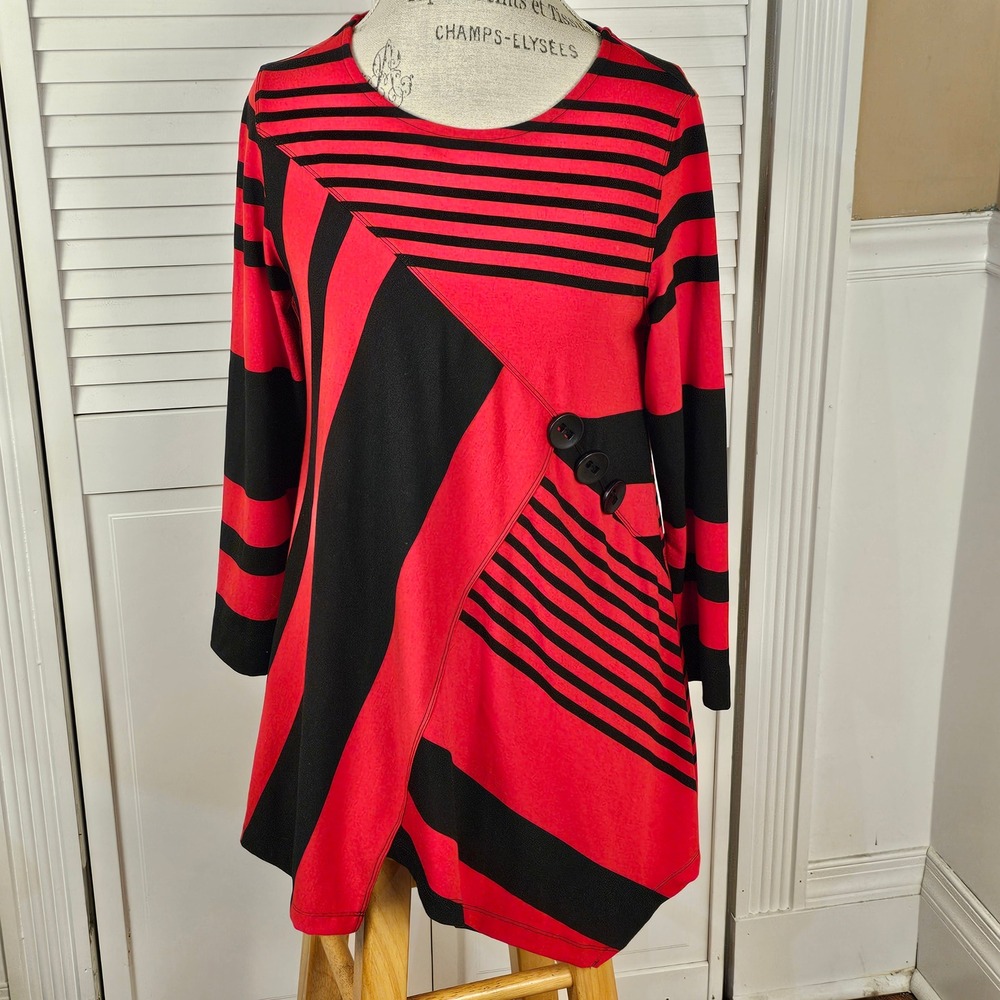 Ali Miles Womens Red Black Asymetrical Tunic Top Small